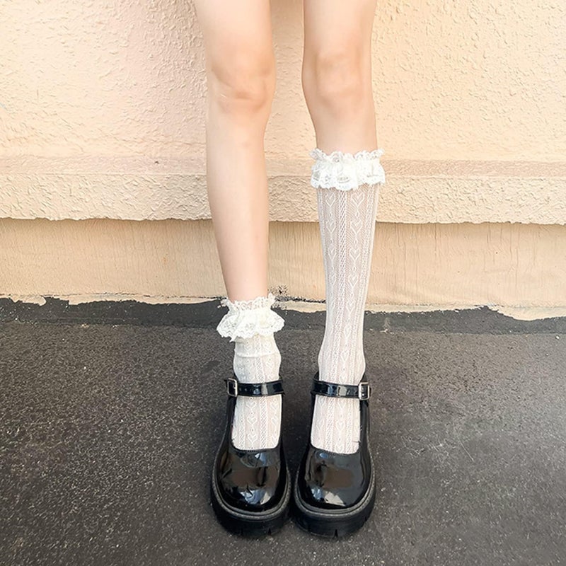 Benefeet Sox Lace Fishnet Knee High Socks Women Girls Ruffle Mesh Knee Highs Lolita Socks Fishnet Stockings - Image 2